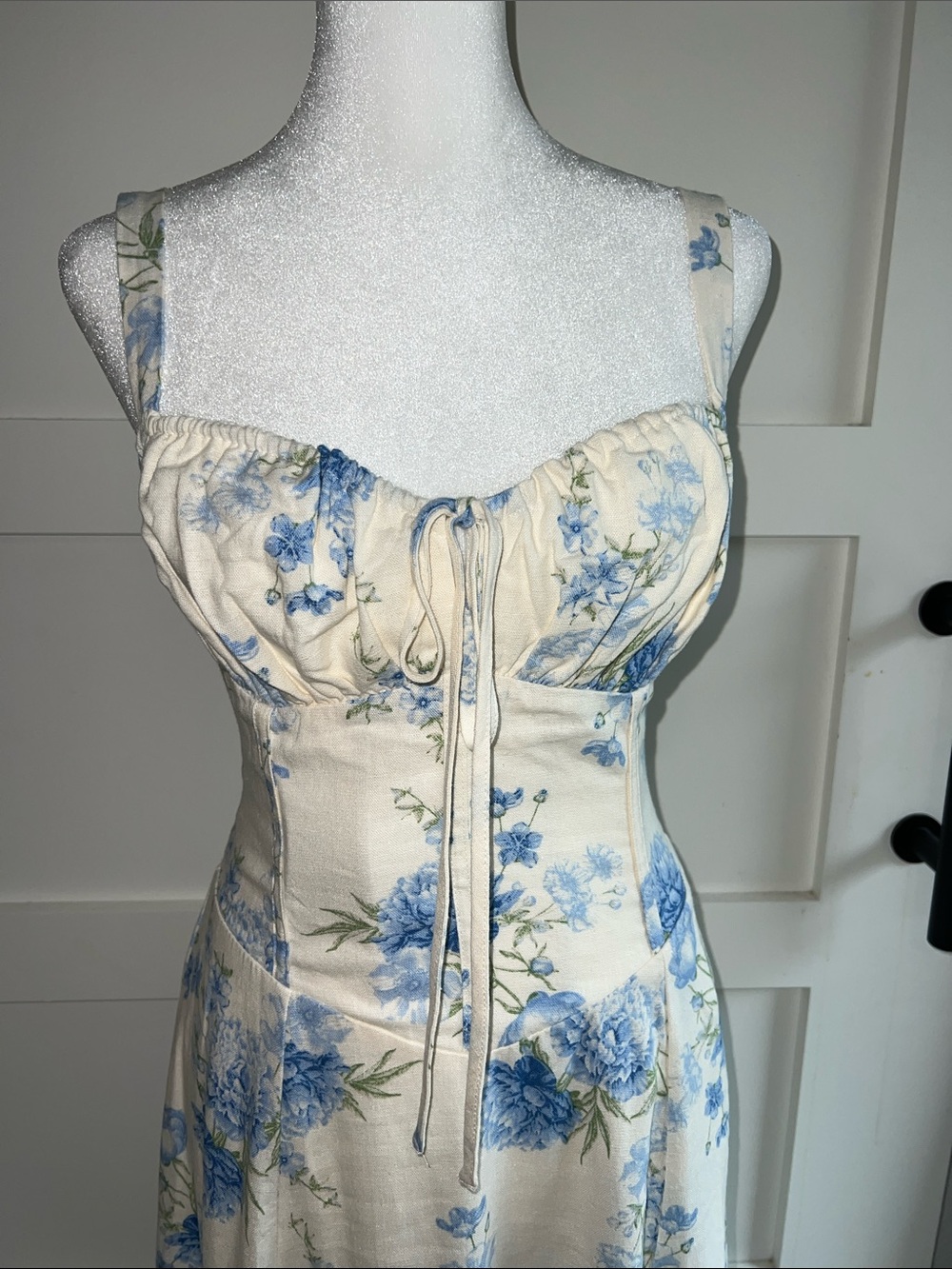 Blue Floral Cream Maxi Dress - Sleeveless Summer Dress - Picture 2 of 8